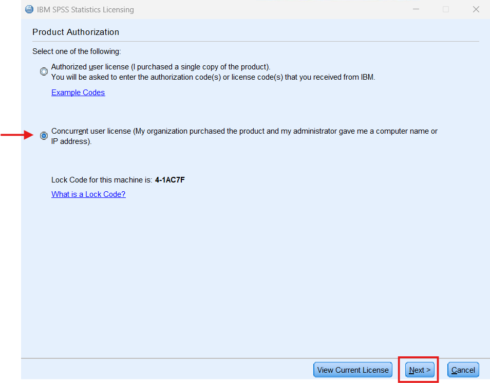 SPSS licensing wizard screen