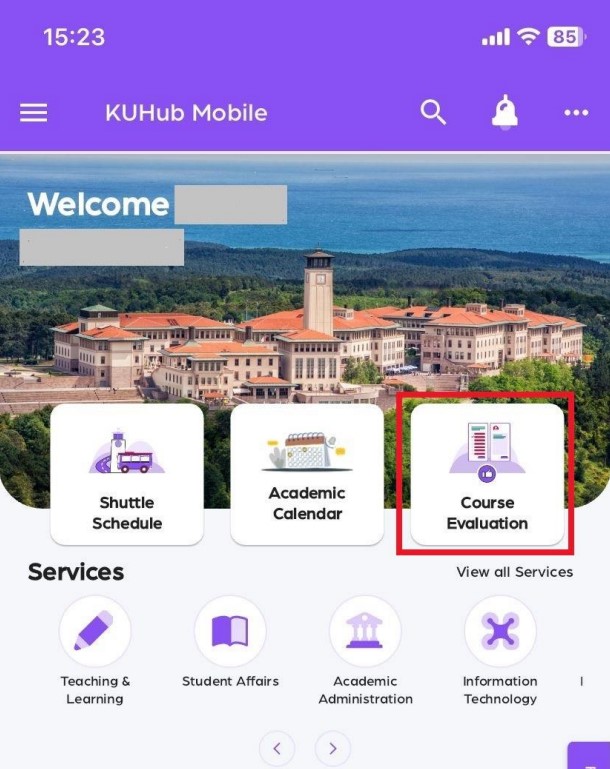 A mobile user interface screen from the KuHub mobile application showing a red square highlighting the Course Evaluation service card on the dashboard