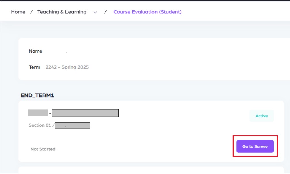 A close up view of the course evaluation interface highlighting a purple Go to Survey button in a red box next to an active course section