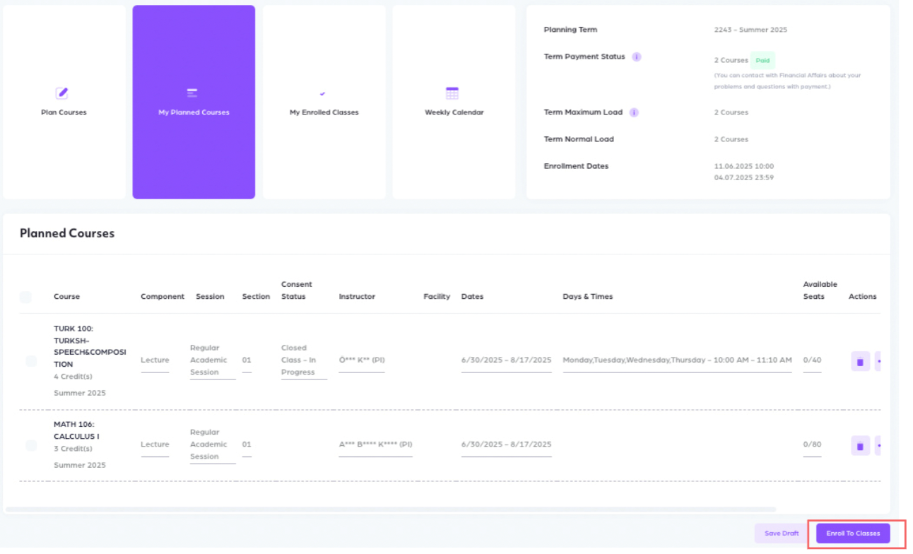 A focused screenshot showing the bottom right section of the planning interface with a purple highlight box around the Enroll in Classes action button