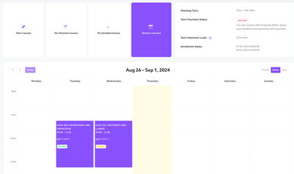 A screenshot of the student dashboard with the Weekly Calendar tab selected in purple showing a weekly calendar view from Monday to Sunday