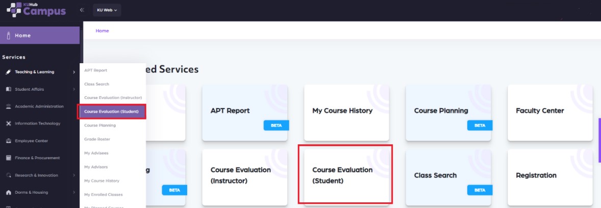 A screenshot of the desktop user portal showing multiple service tiles with a red rectangle highlighting the Course Evaluation Student tile