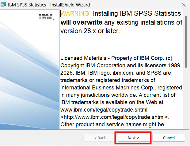 Screen showing how to run the SPSS installation file as an administrator