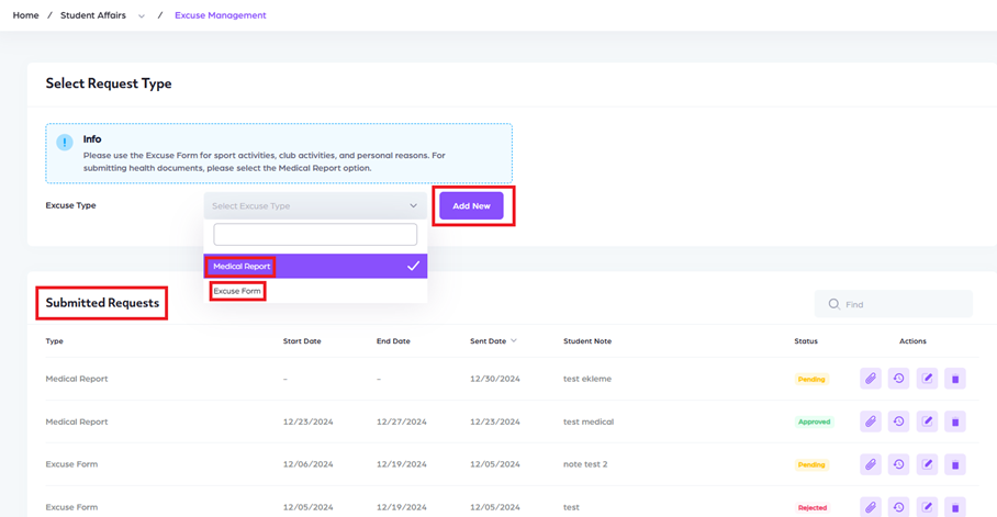 KUHub Excuse Report for Faculty - Submitted Requests