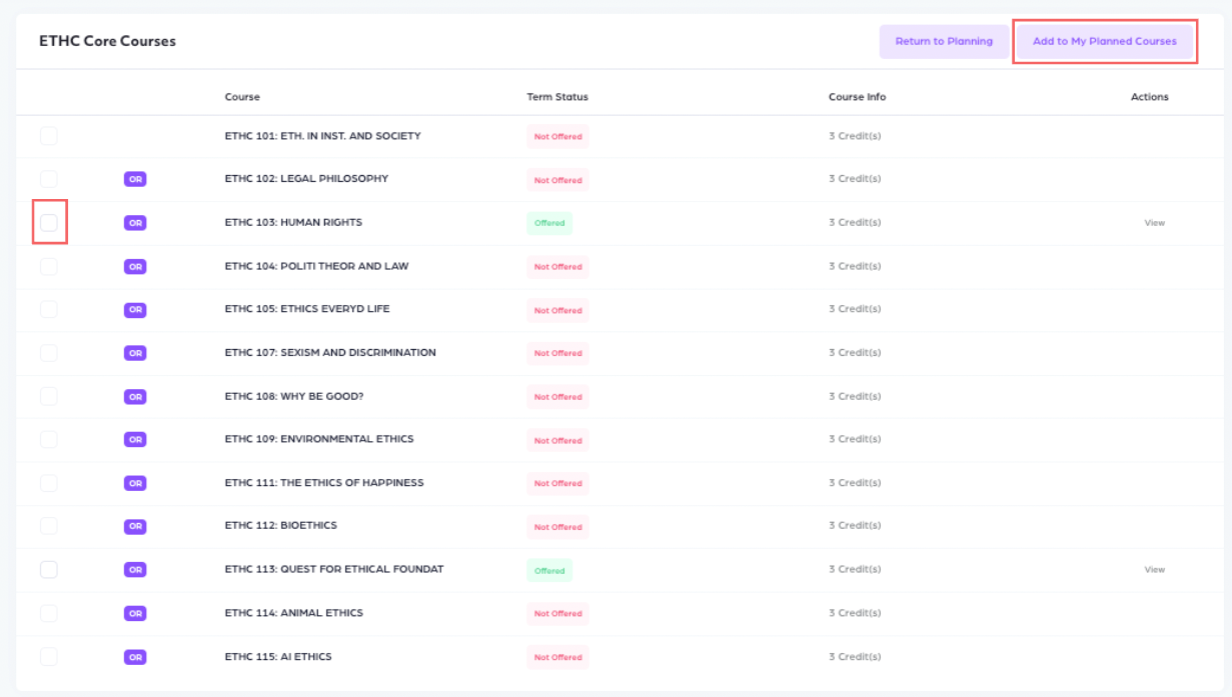 Course List view and View button