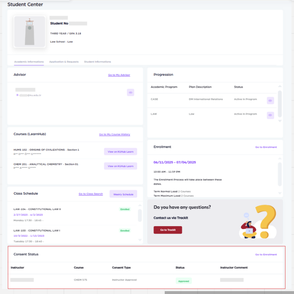 KUHub Campus Hub Student Center Consent Status Screenshot