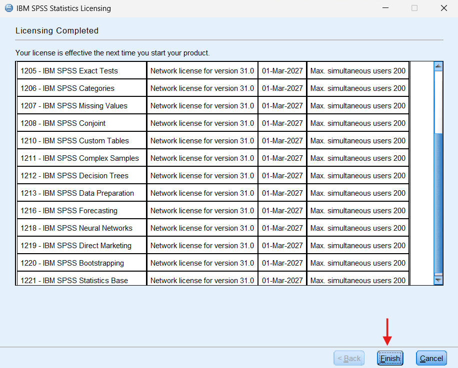 SPSS licensing completion screen