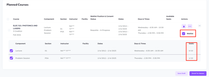 A screenshot showing the Waitlist checkboxes and status field which are available for courses with full enrollment highlighted within a red border in the course details table